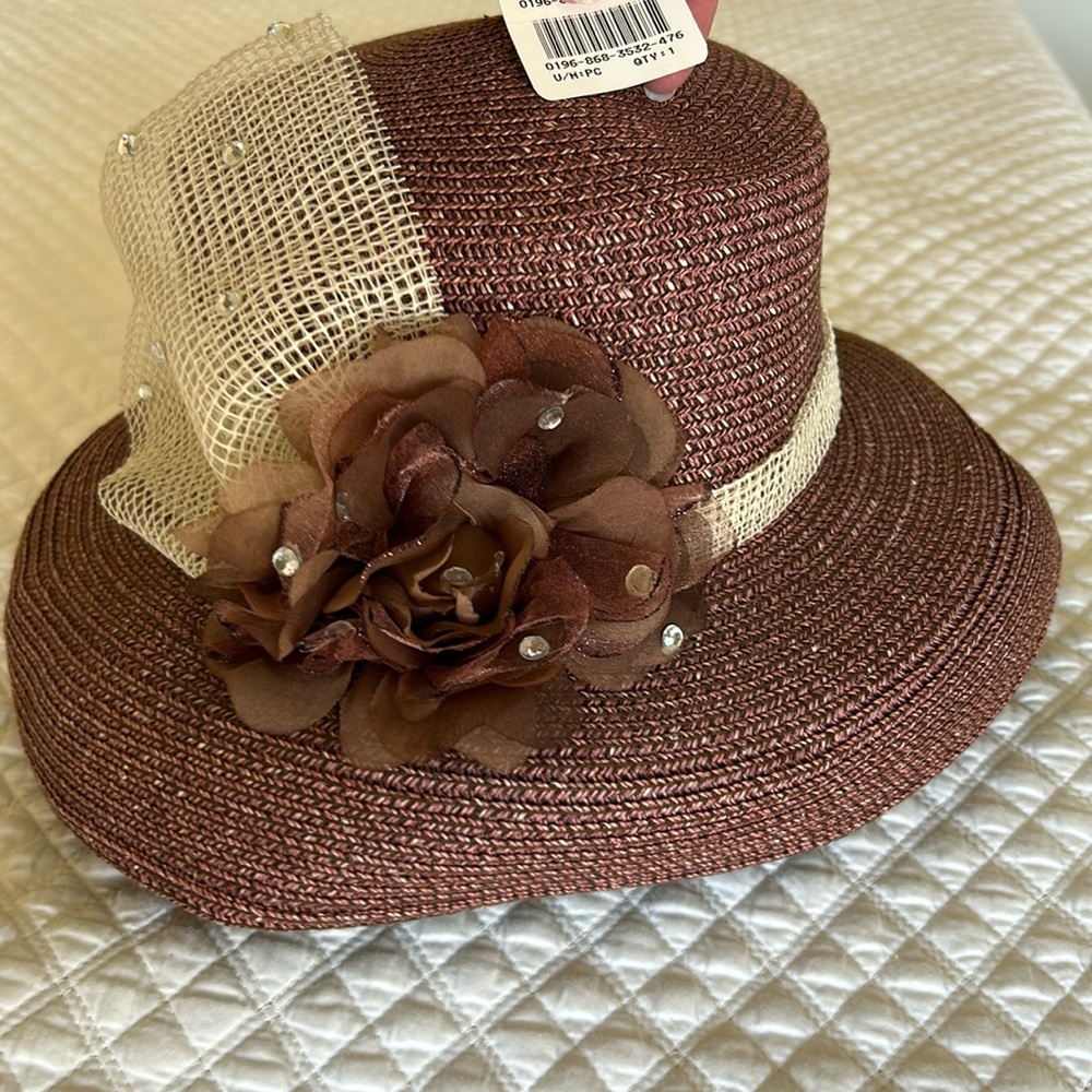 Derby or Garden party hat with brown rose detail & beige band & jeweled